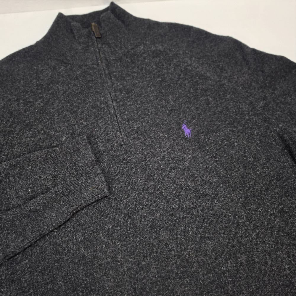 Polo Ralph Lauren 100% Merino Wool 1/4 Zip Sweater Men's LT Charcoal Purple Pony